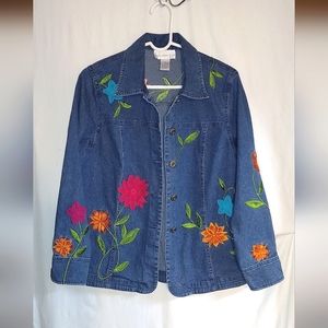 Susan Graver Floral Embroidered Applique Denim Jean Jacket Shacket Sz Small